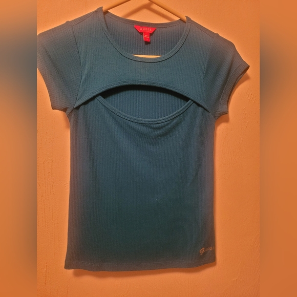 Guess Teal Ribbed Top. Cotton Blend With peek-a-boo Front Opening - Picture 1 of 2